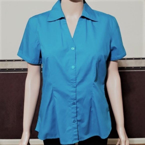 BASIC EDITIONS DEEP AQUA COLLARED BUTTON DOWN BLOUSE SIZE S NWOT - Picture 1 of 3